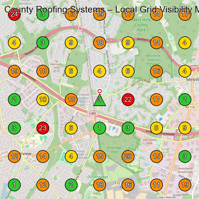 County Roofing Systems Roofing Contractor GeoGrid ranking map for Melville NY